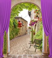 Фреска дворик в Европе фиолетовые шторы