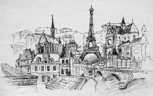 Фреска Вид на париж и башню черно белый