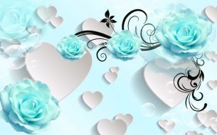 Фотообои Голубые розы с сердцами