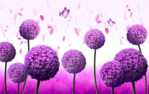 Фотообои Фиолетовые 3D цветы и бабочки