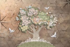 Фотообои 3D Дерево с картой и птицами