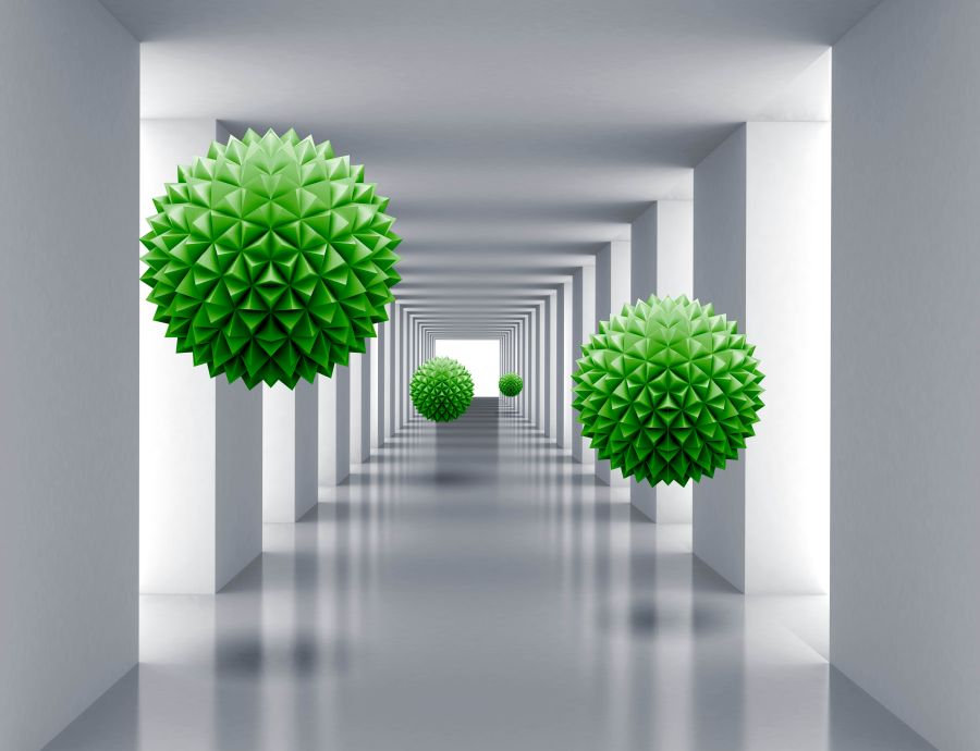 Фреска 3D Зеленые шары в тоннеле