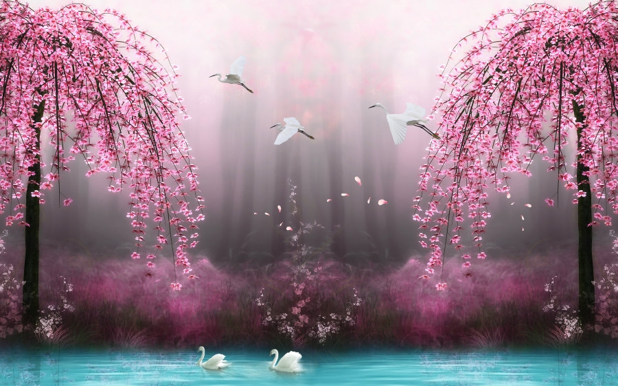 Фотообои Лебеди в розовом лесу
