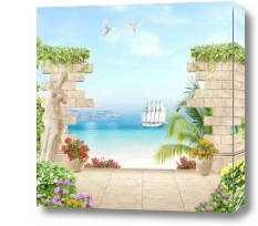 Картина летняя терраса с видом на корабль