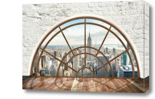 Картина 3D Полукруглое окно с видом на город